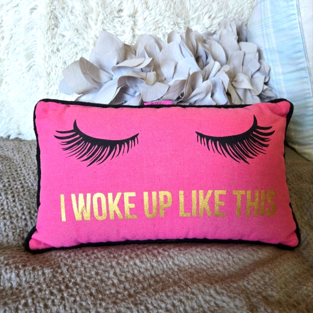 Pink Pillow with Eyelash Design - I Woke Up Like This